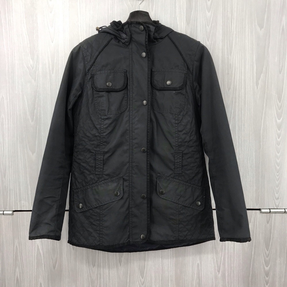 Barbour Durnon Waxed Cotton Jacket US 6 Black Quilted Hooded Coat